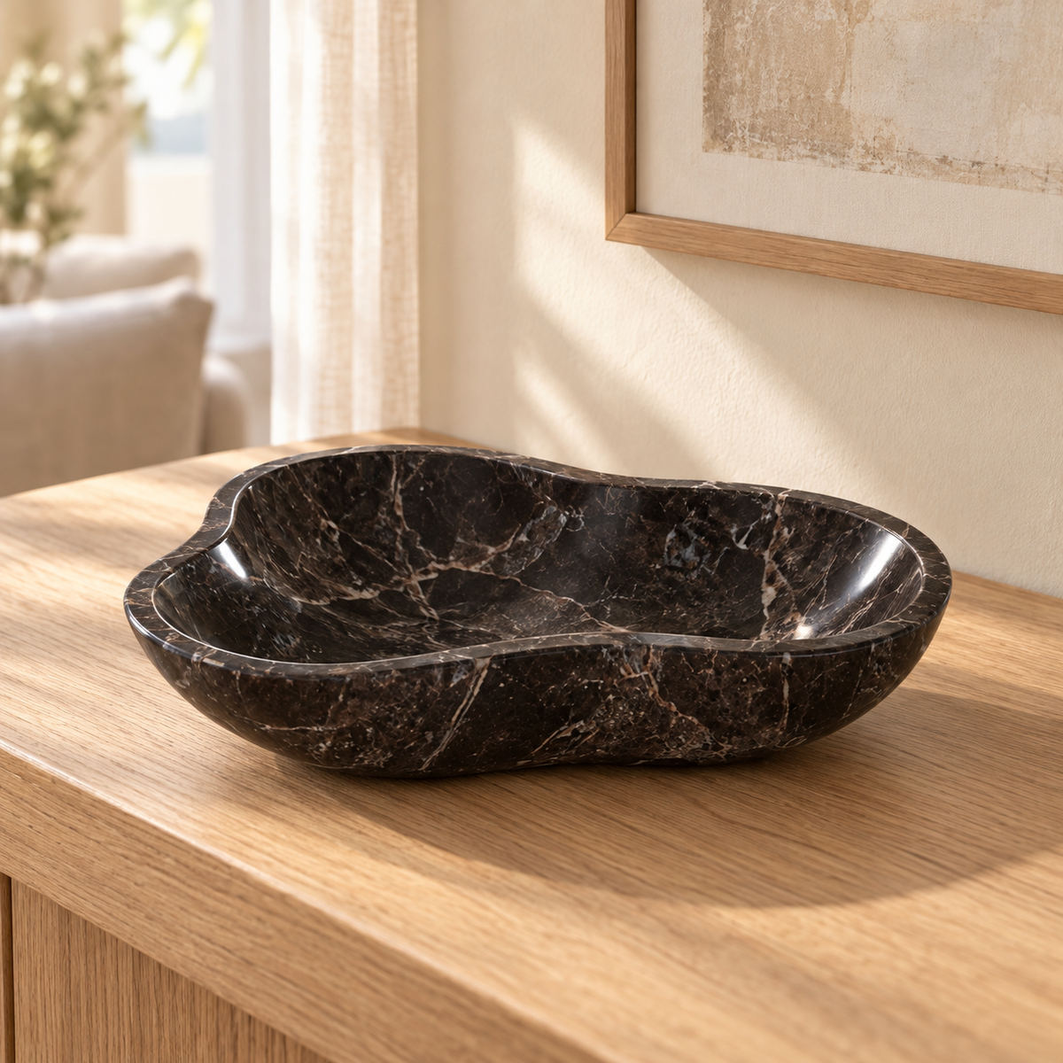 CloudDream Fruit Tray in Spanish Emperador Marble in warm natural home light, one complete product