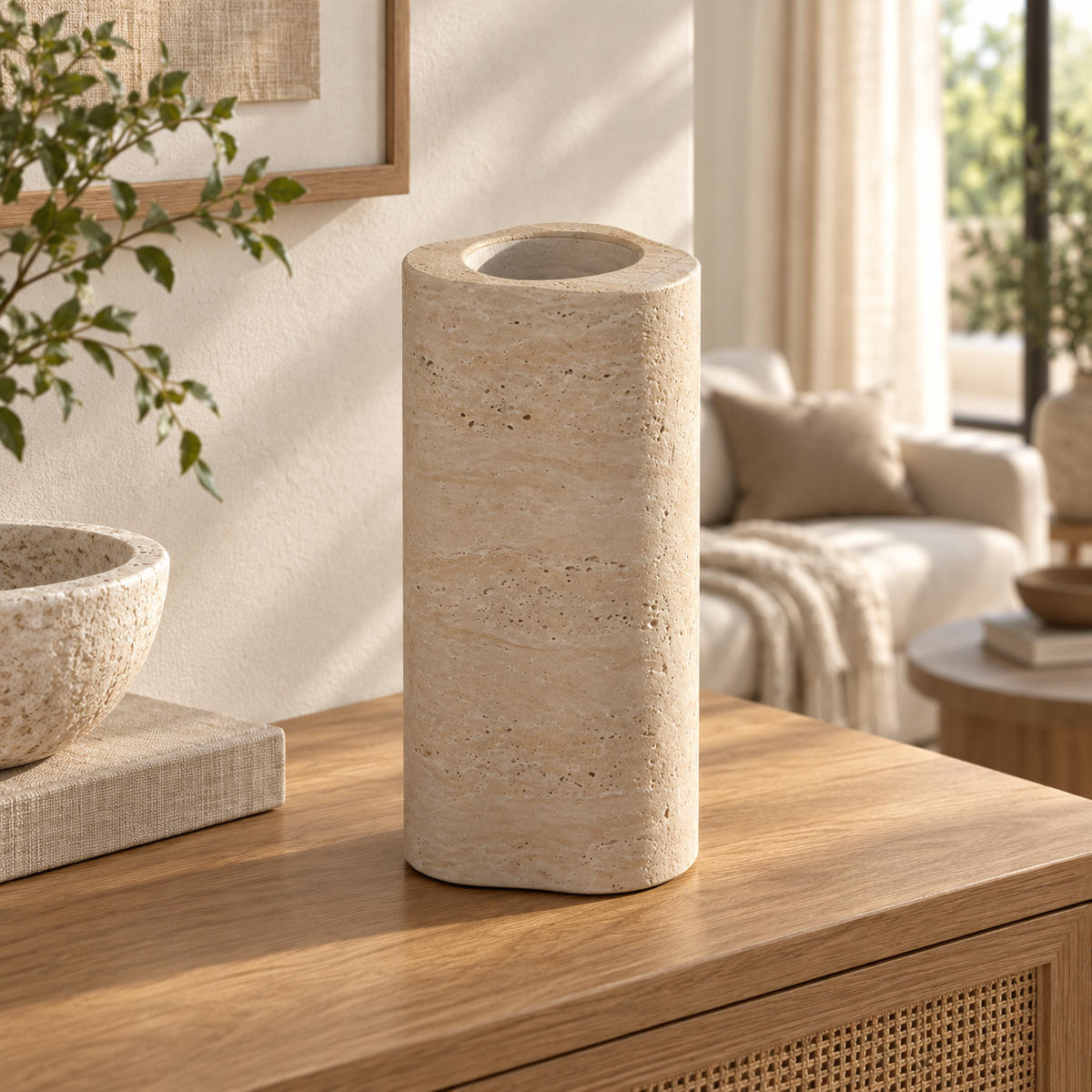 CloudDream Decorative Vases, Italian Classico Travertine, Hero near-eye-level frontal view, camera slightly above top at 8 degrees so thin top lip visible; tall vase shape centered., warm natural light lifestyle