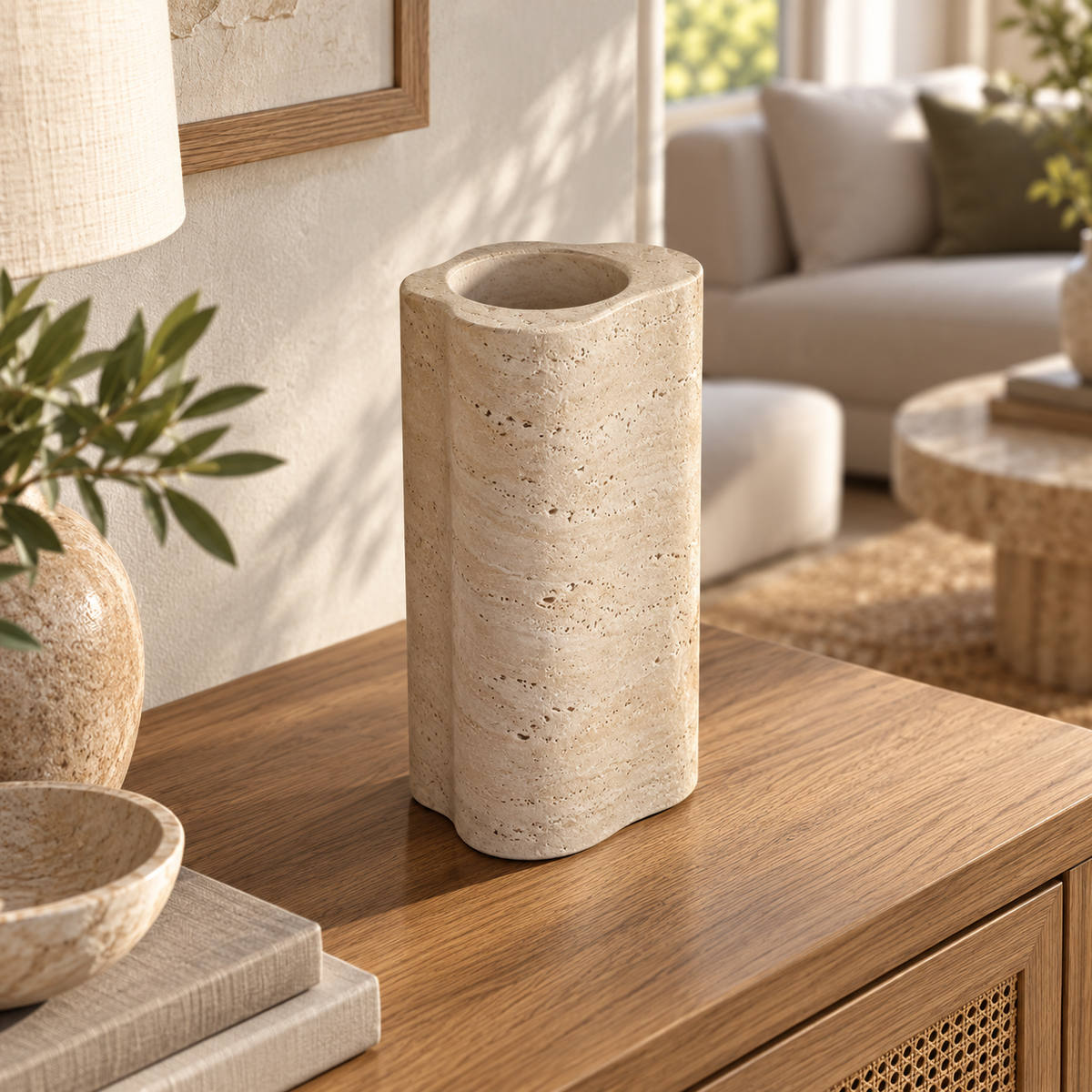 CloudDream Decorative Vases, Italian Classico Travertine, Second photograph camera moved to LEFT at 40 degrees and elevated25 degrees above horizontal; show differing lobe contour and the round inner opening., warm natural light lifestyle