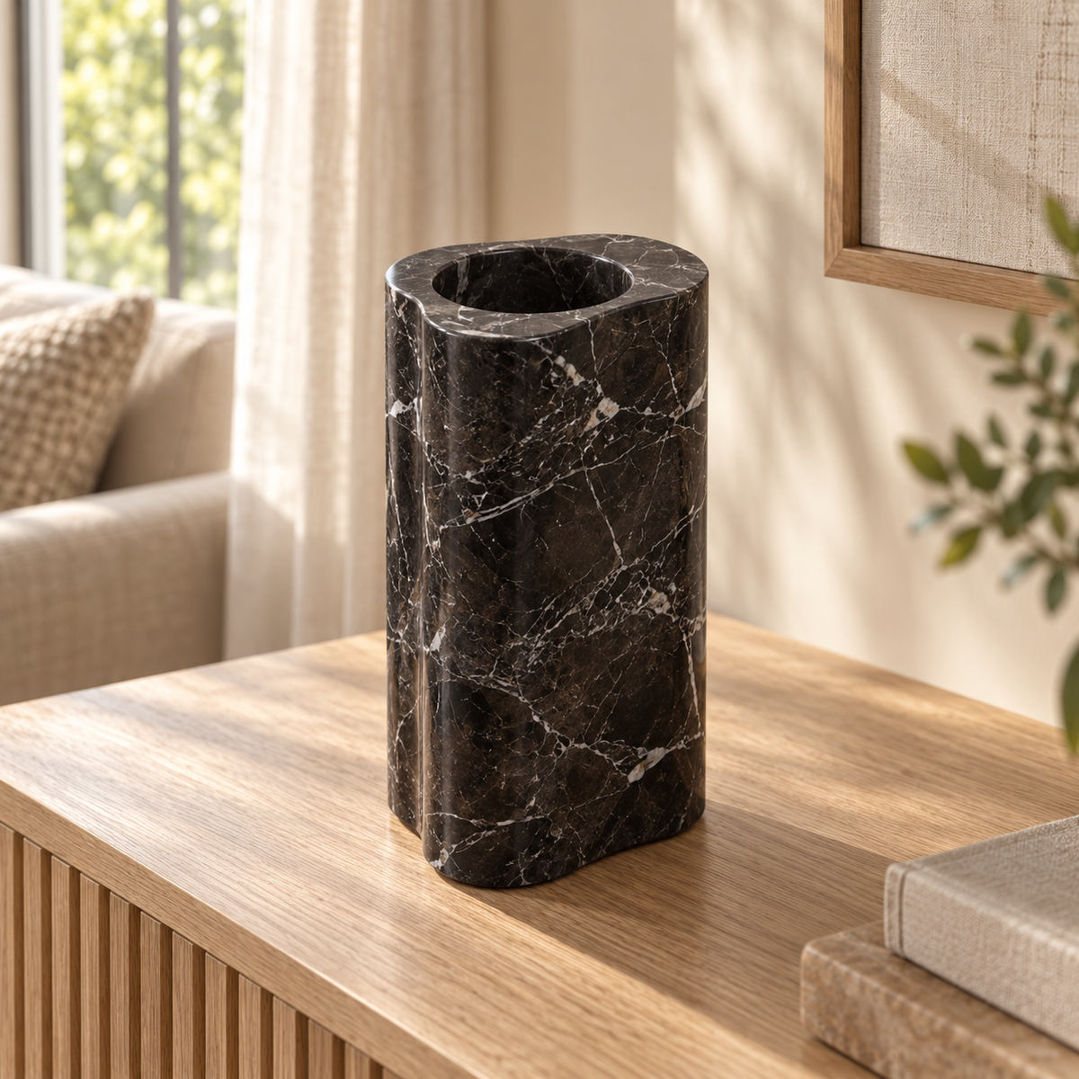 CloudDream Decorative Vases in Spanish Emperador Marble in warm natural home light, one complete product