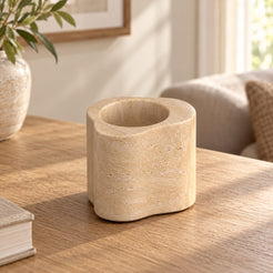 CloudDream Candle Holders in Italian Classico Travertine Tall in warm natural home light, one complete product