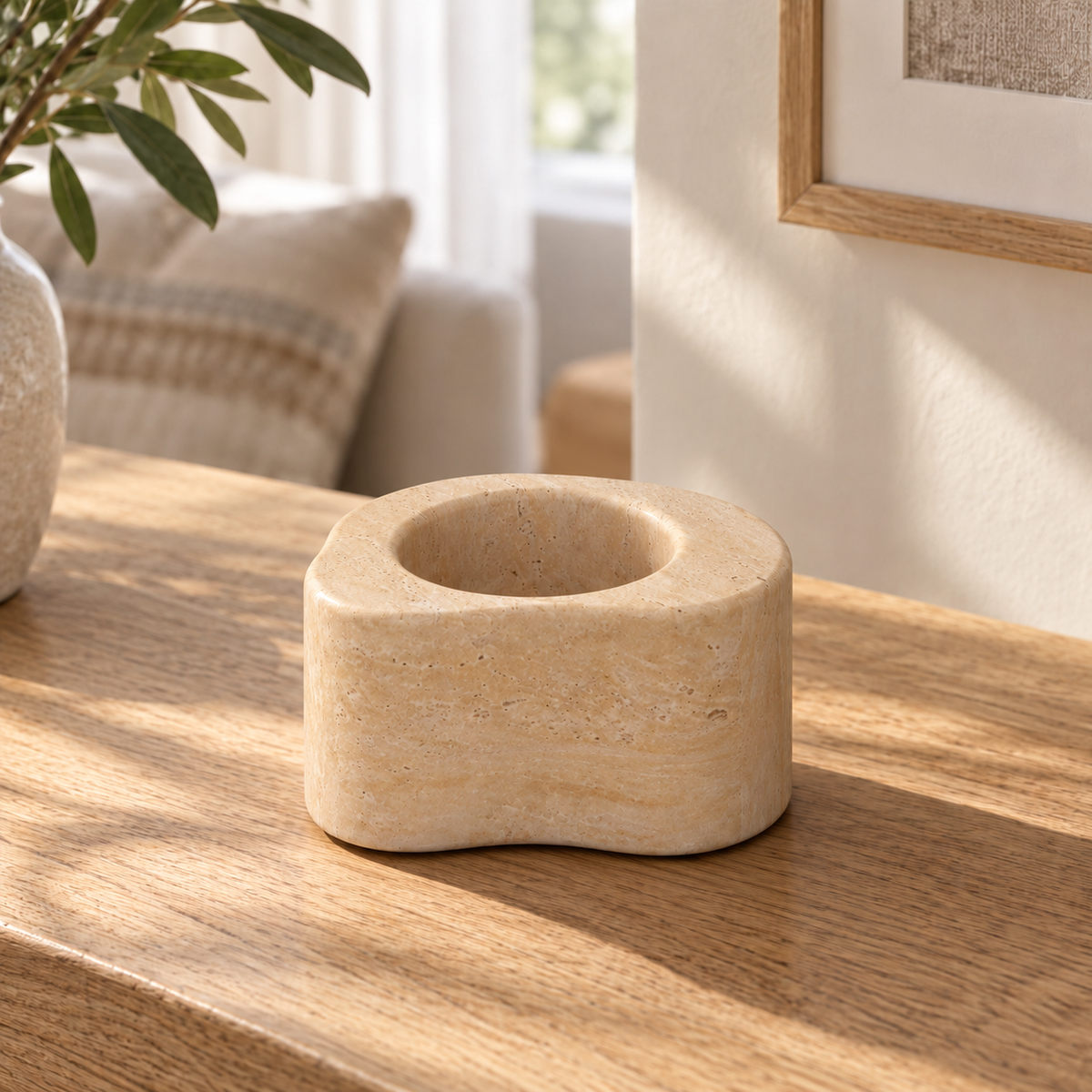 CloudDream Candle Holders in Italian Classico Travertine Short in warm natural home light, one complete product