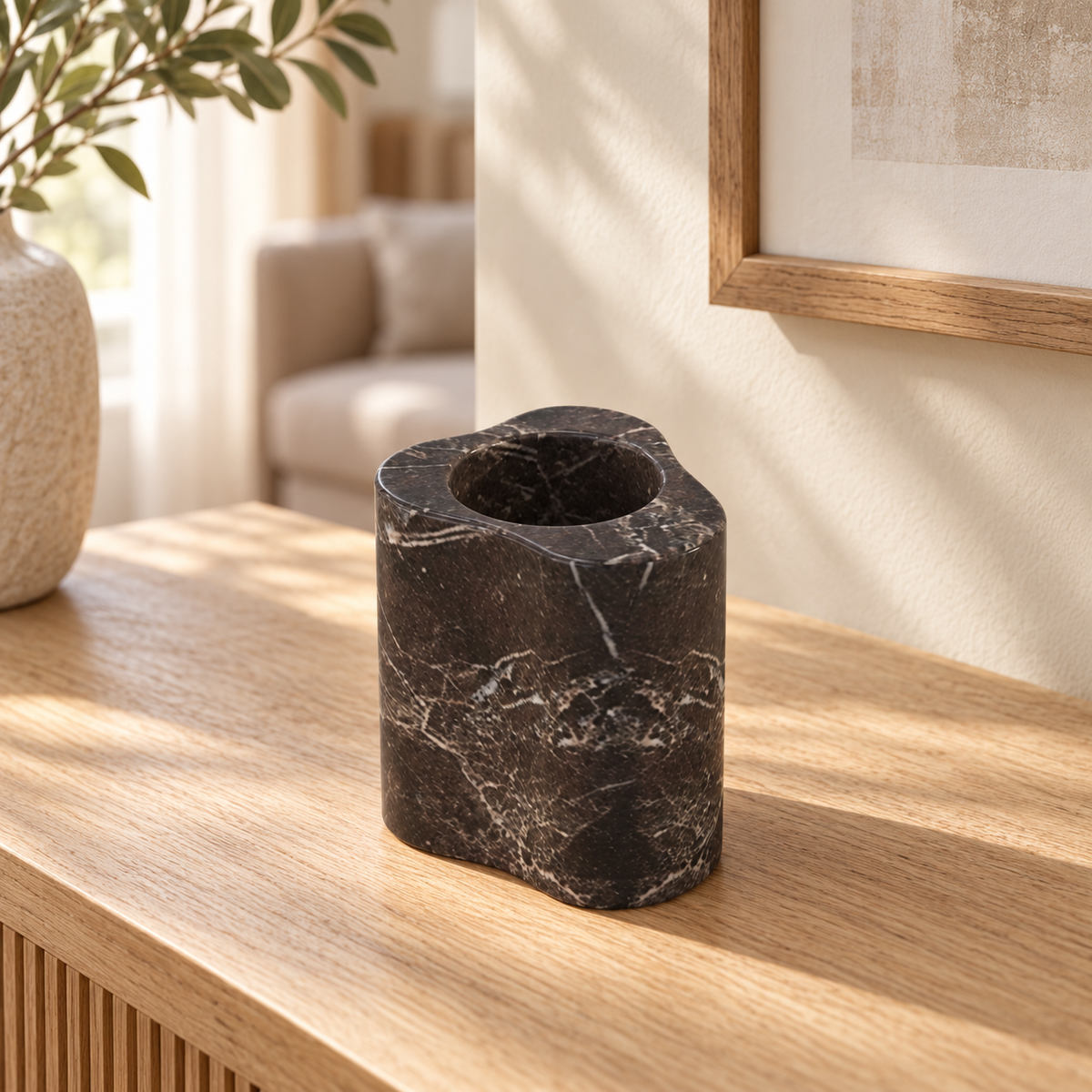 CloudDream Candle Holders in Spanish Emperador Marble Tall in warm natural home light, one complete product