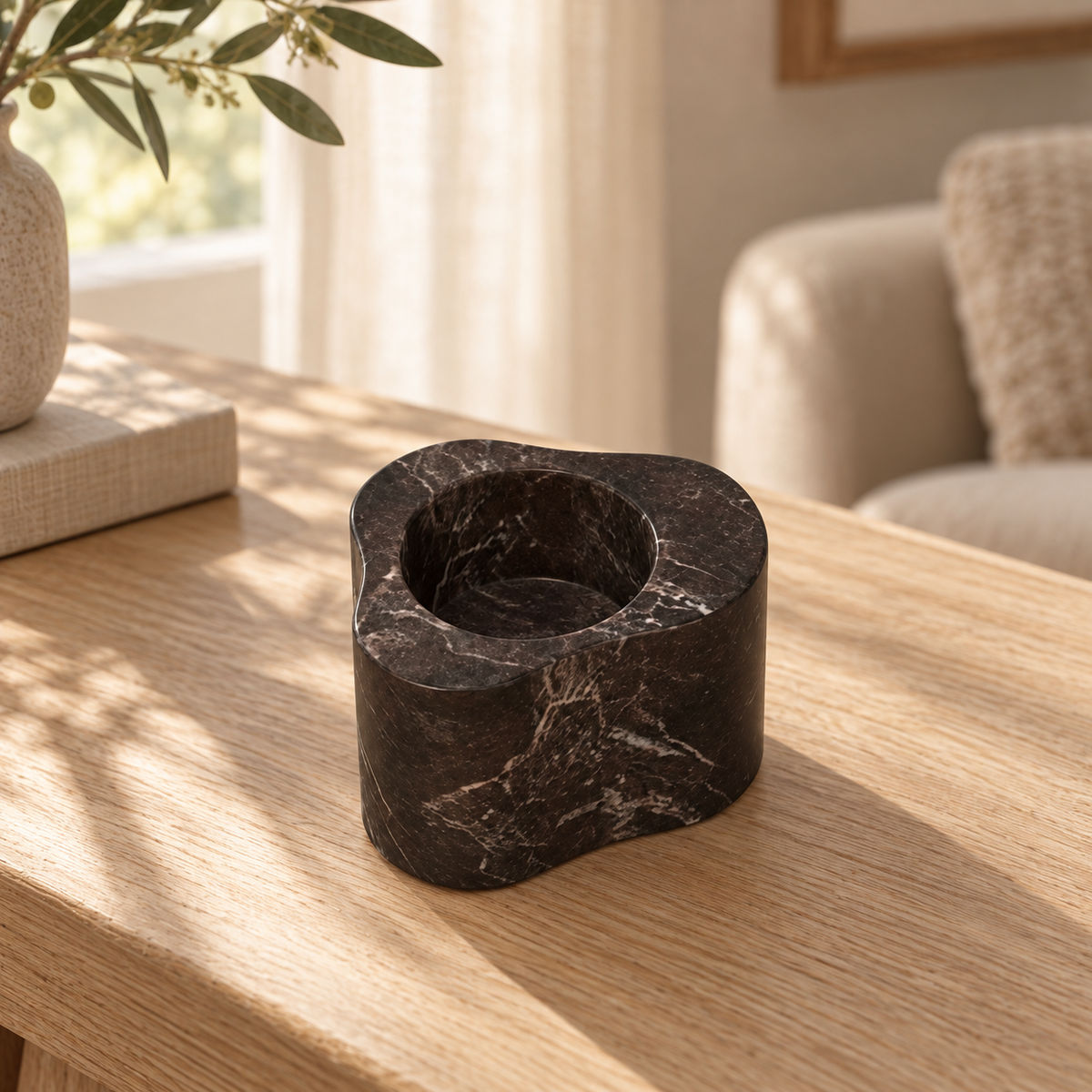 CloudDream Candle Holders in Spanish Emperador Marble Short in warm natural home light, one complete product
