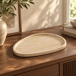 SwanEgg Decorative Tray, Italian Classico Travertine, single configuration, front view in a warm naturally lit interior