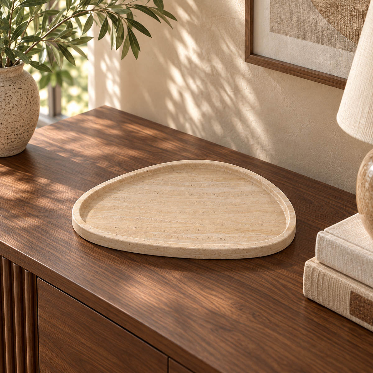 SwanEgg Decorative Tray, Italian Classico Travertine, single configuration, left oblique view in a warm naturally lit interior