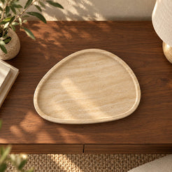 SwanEgg Decorative Tray, Italian Classico Travertine, single configuration, high or overhead view in a warm naturally lit interior