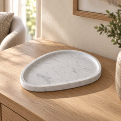 SwanEgg Decorative Tray in Italian Carrara Marble in warm natural home light, one complete product