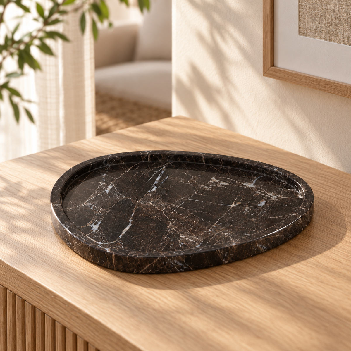 SwanEgg Decorative Tray in Spanish Emperador Marble in warm natural home light, one complete product