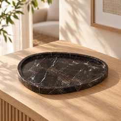 SwanEgg Decorative Tray in Spanish Emperador Marble in warm natural home light, one complete product