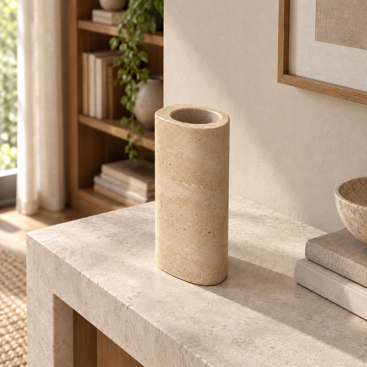 SwanEgg Decorative Vases, Italian Classico Travertine, single configuration, left oblique view in a warm naturally lit interior