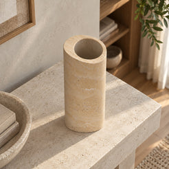 SwanEgg Decorative Vases, Italian Classico Travertine, single configuration, high or overhead view in a warm naturally lit interior