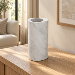 SwanEgg Decorative Vases in Italian Carrara Marble in warm natural home light, one complete product