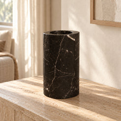 SwanEgg Decorative Vases in Spanish Emperador Marble in warm natural home light, one complete product