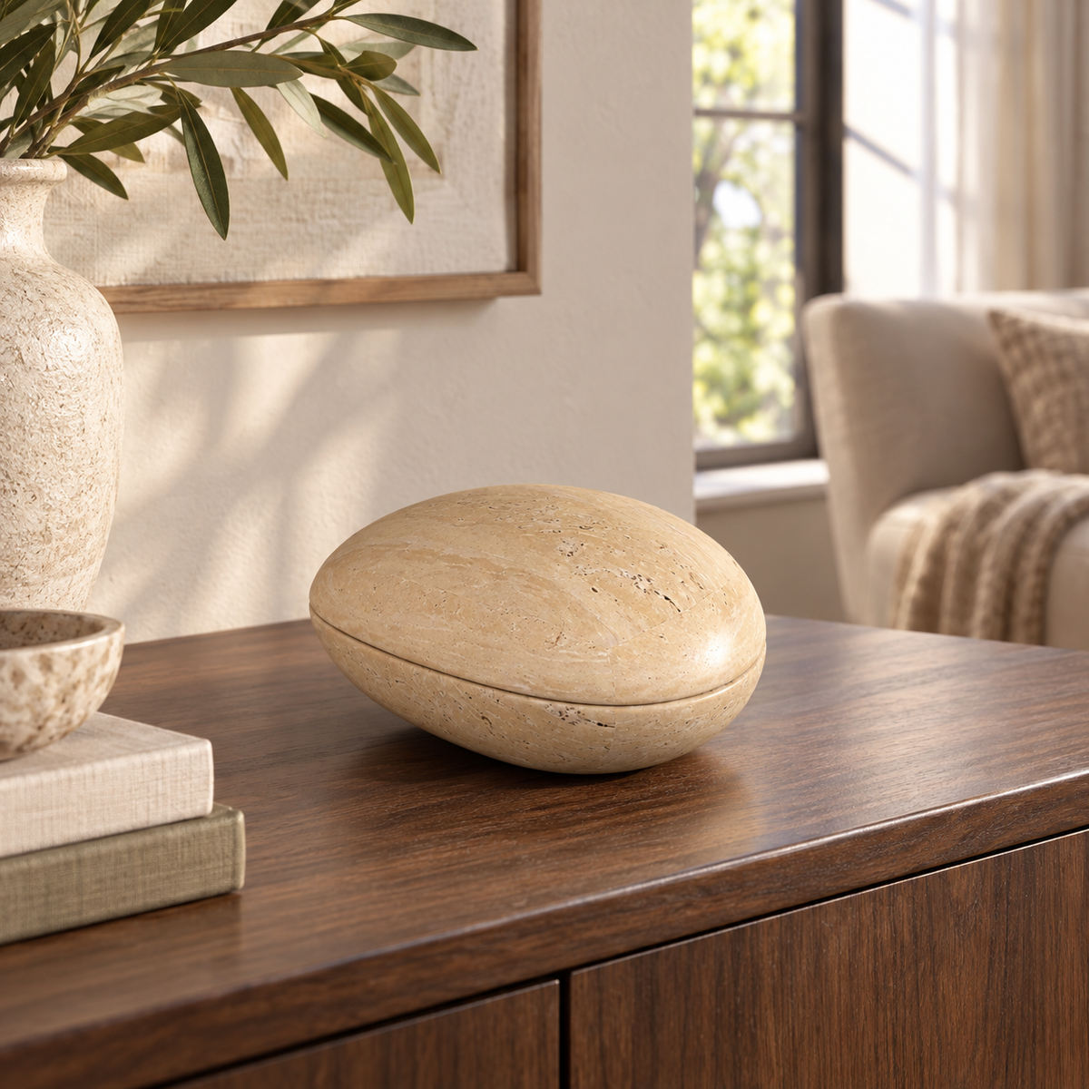 SwanEgg Marble Decor, Italian Classico Travertine, single configuration, front view in a warm naturally lit interior