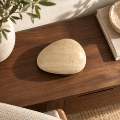 SwanEgg Marble Decor, Italian Classico Travertine, single configuration, high or overhead view in a warm naturally lit interior