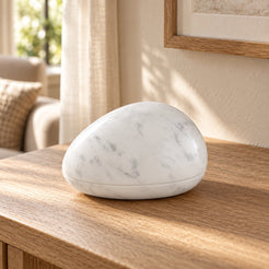 SwanEgg Marble Decor in Italian Carrara Marble in warm natural home light, one complete product