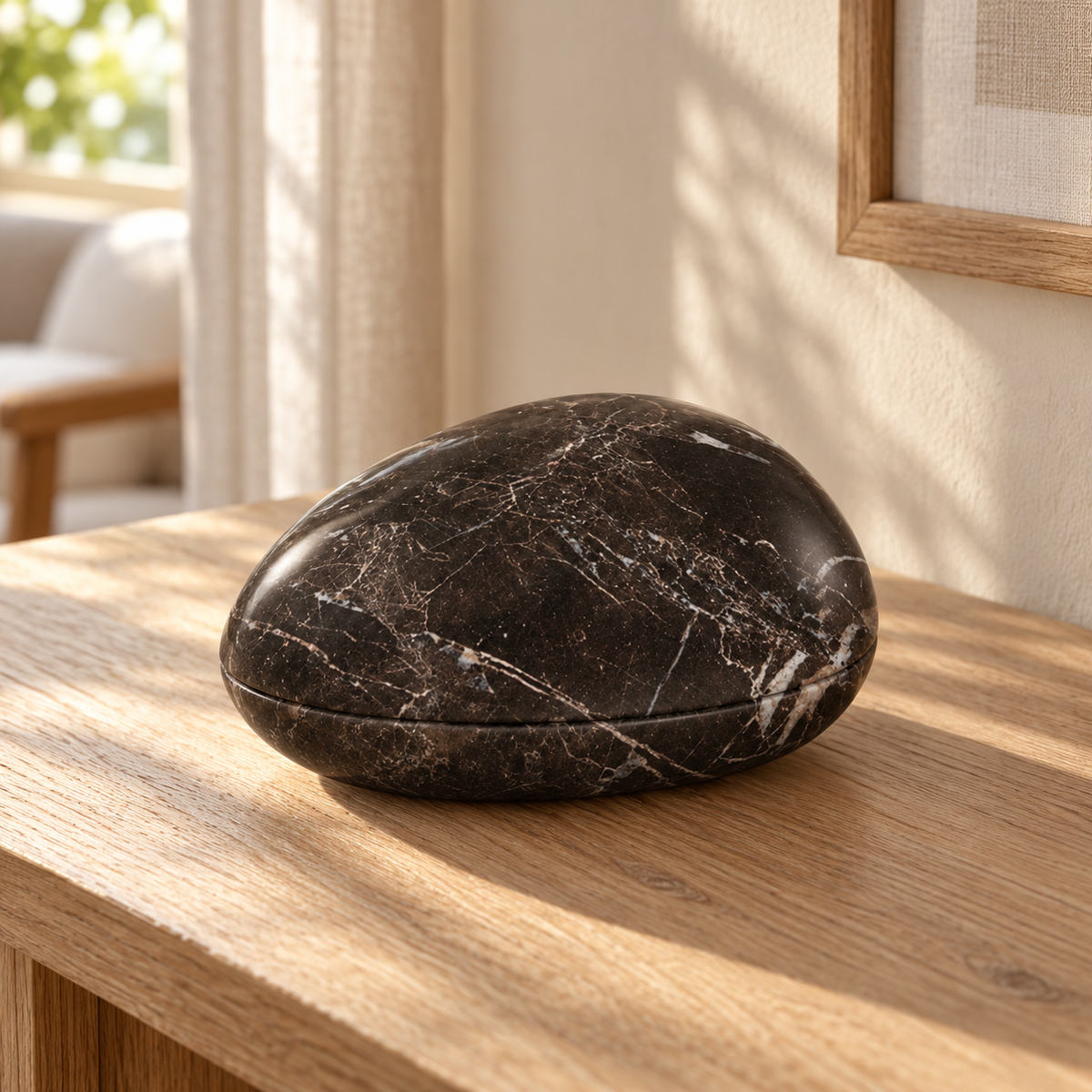 SwanEgg Marble Decor in Spanish Emperador Marble in warm natural home light, one complete product