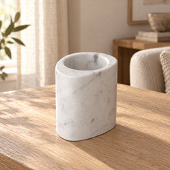 SwanEgg Candle Holders in Italian Carrara Marble Tall in warm natural home light, one complete product