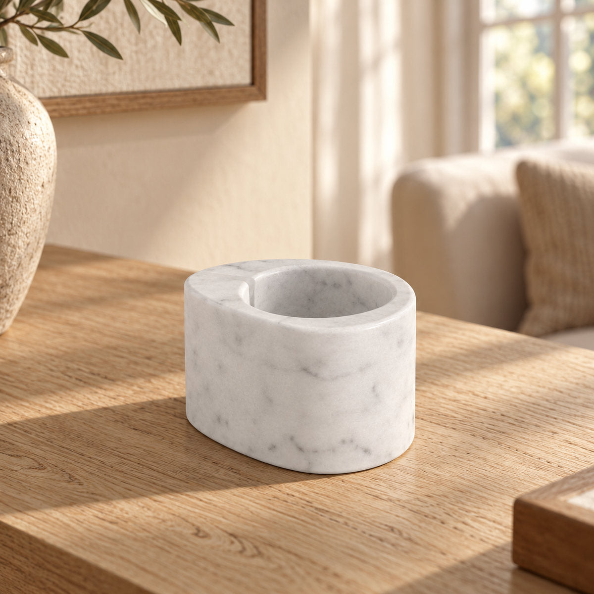SwanEgg Candle Holders in Italian Carrara Marble Short in warm natural home light, one complete product