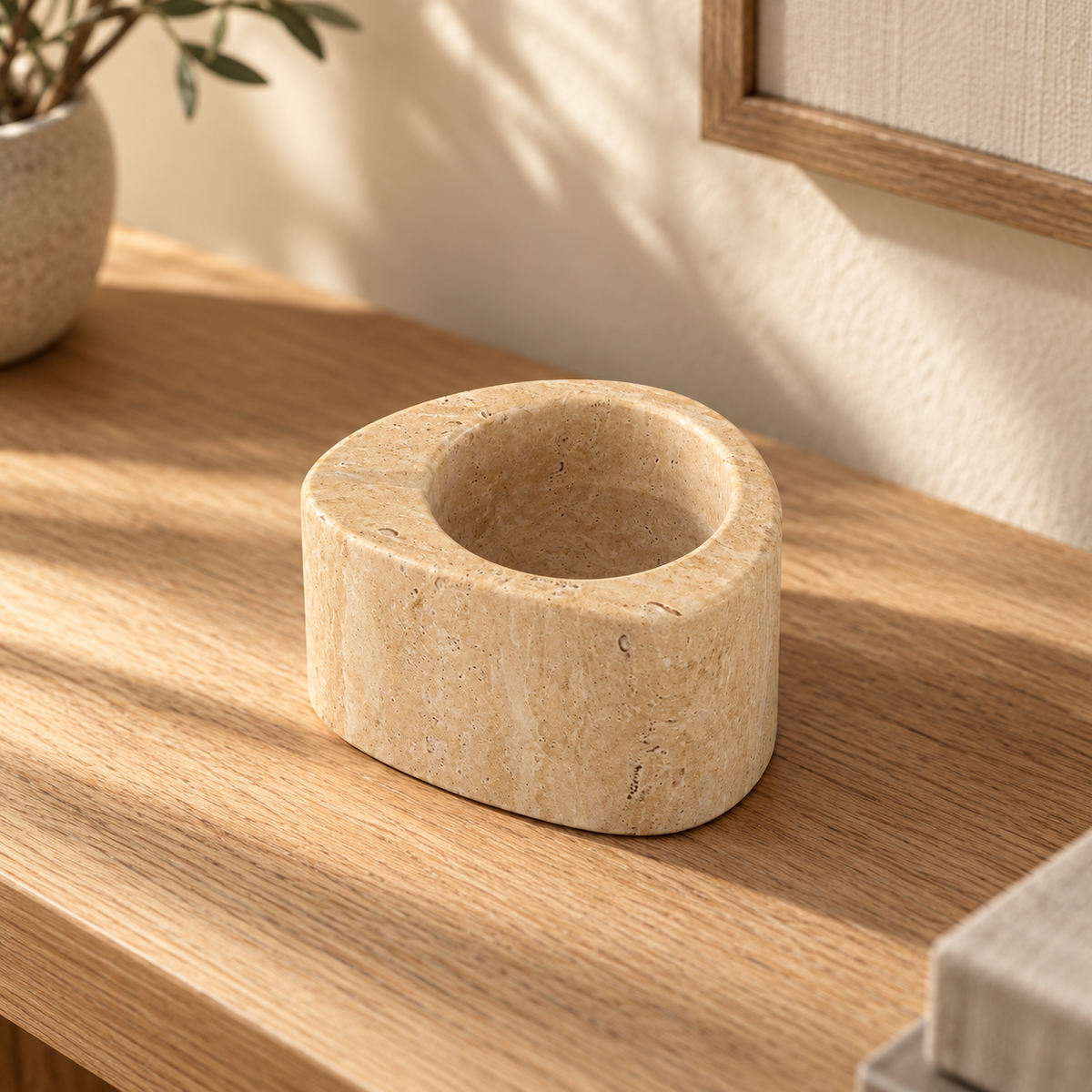 SwanEgg Candle Holders in Italian Classico Travertine Short in warm natural home light, one complete product