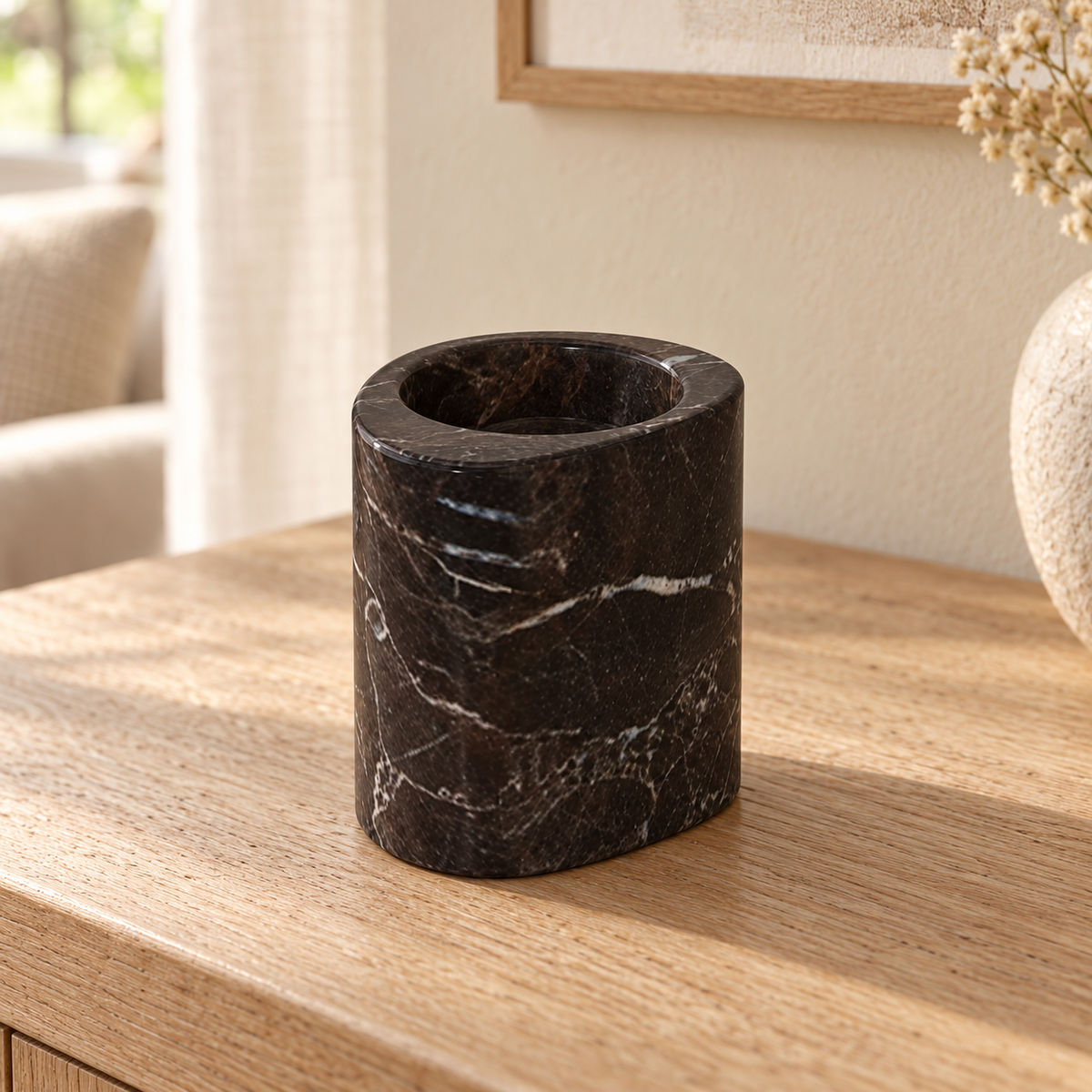 SwanEgg Candle Holders in Spanish Emperador Marble Tall in warm natural home light, one complete product
