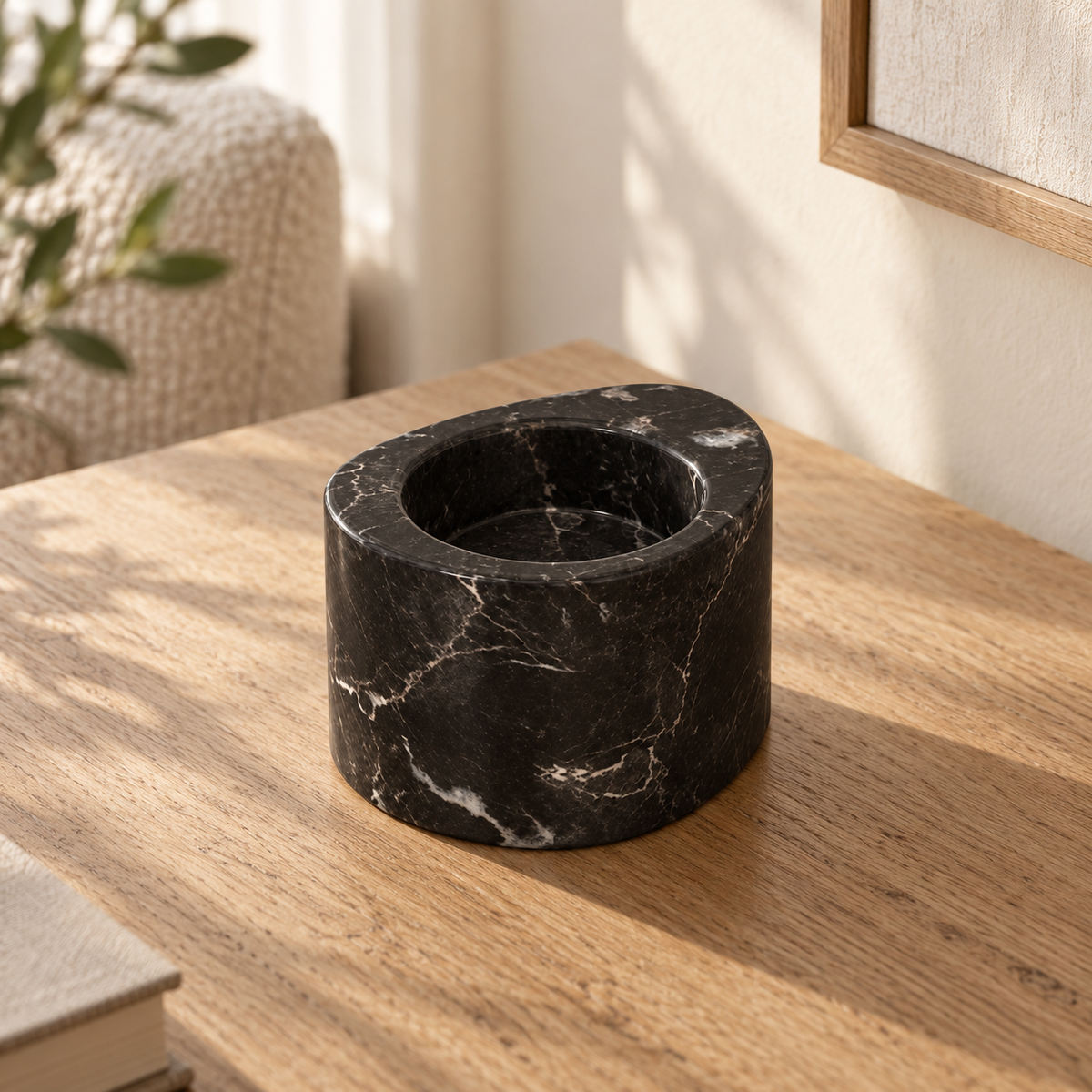 SwanEgg Candle Holders in Spanish Emperador Marble Short in warm natural home light, one complete product