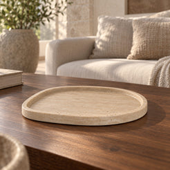 ZenPebble Decorative Tray, Italian Classico Travertine, single configuration, front view in a warm naturally lit interior
