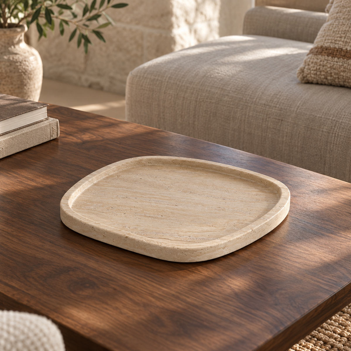 ZenPebble Decorative Tray, Italian Classico Travertine, single configuration, left oblique view in a warm naturally lit interior