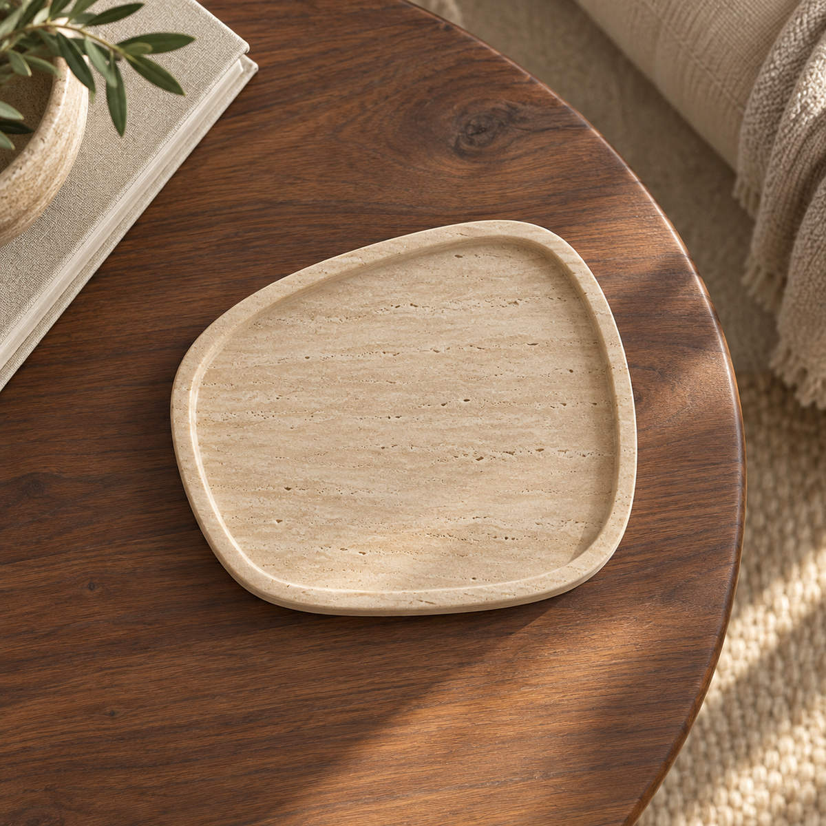 ZenPebble Decorative Tray, Italian Classico Travertine, single configuration, high or overhead view in a warm naturally lit interior