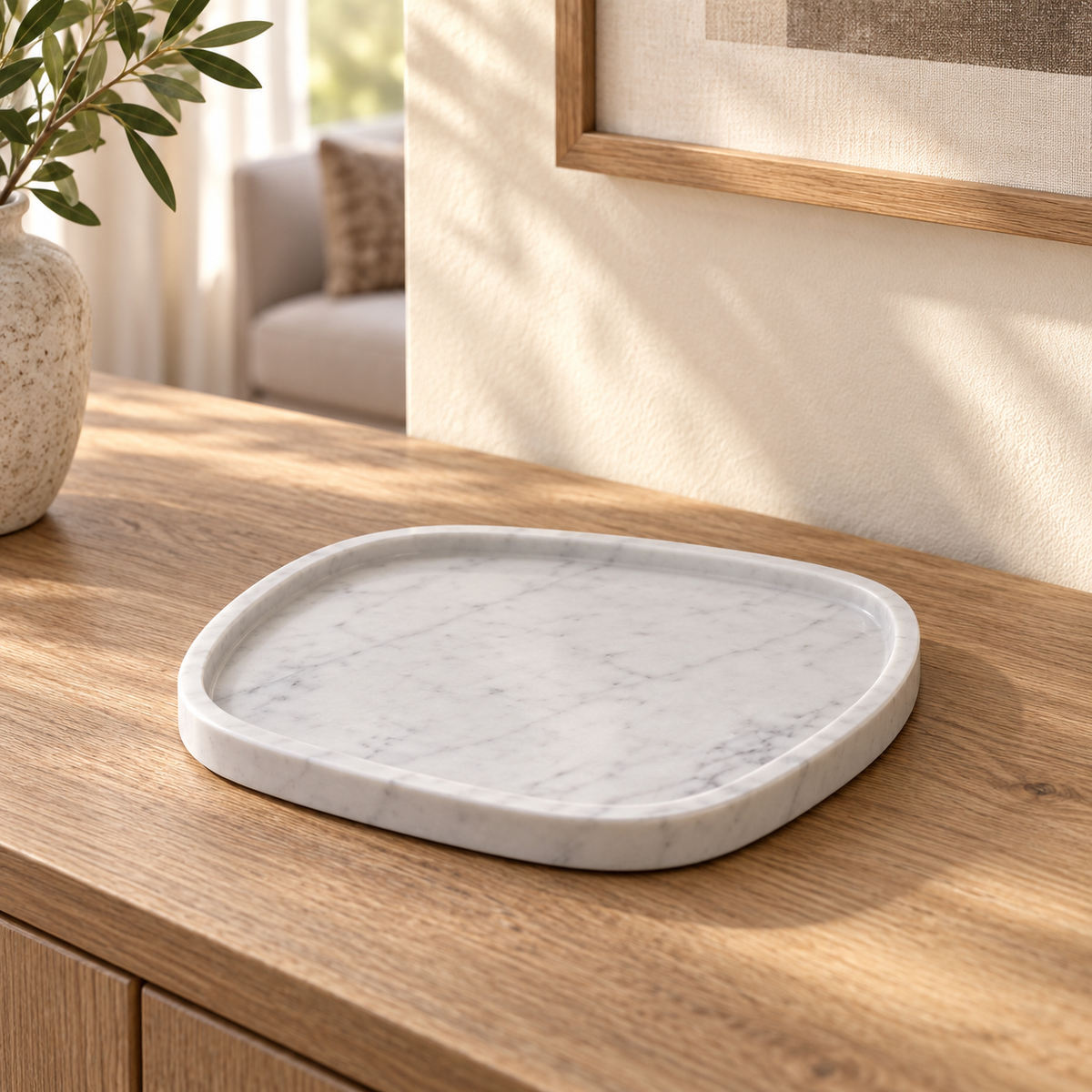 ZenPebble Decorative Tray in Italian Carrara Marble in warm natural home light, one complete product