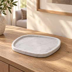 ZenPebble Decorative Tray in Italian Carrara Marble in warm natural home light, one complete product