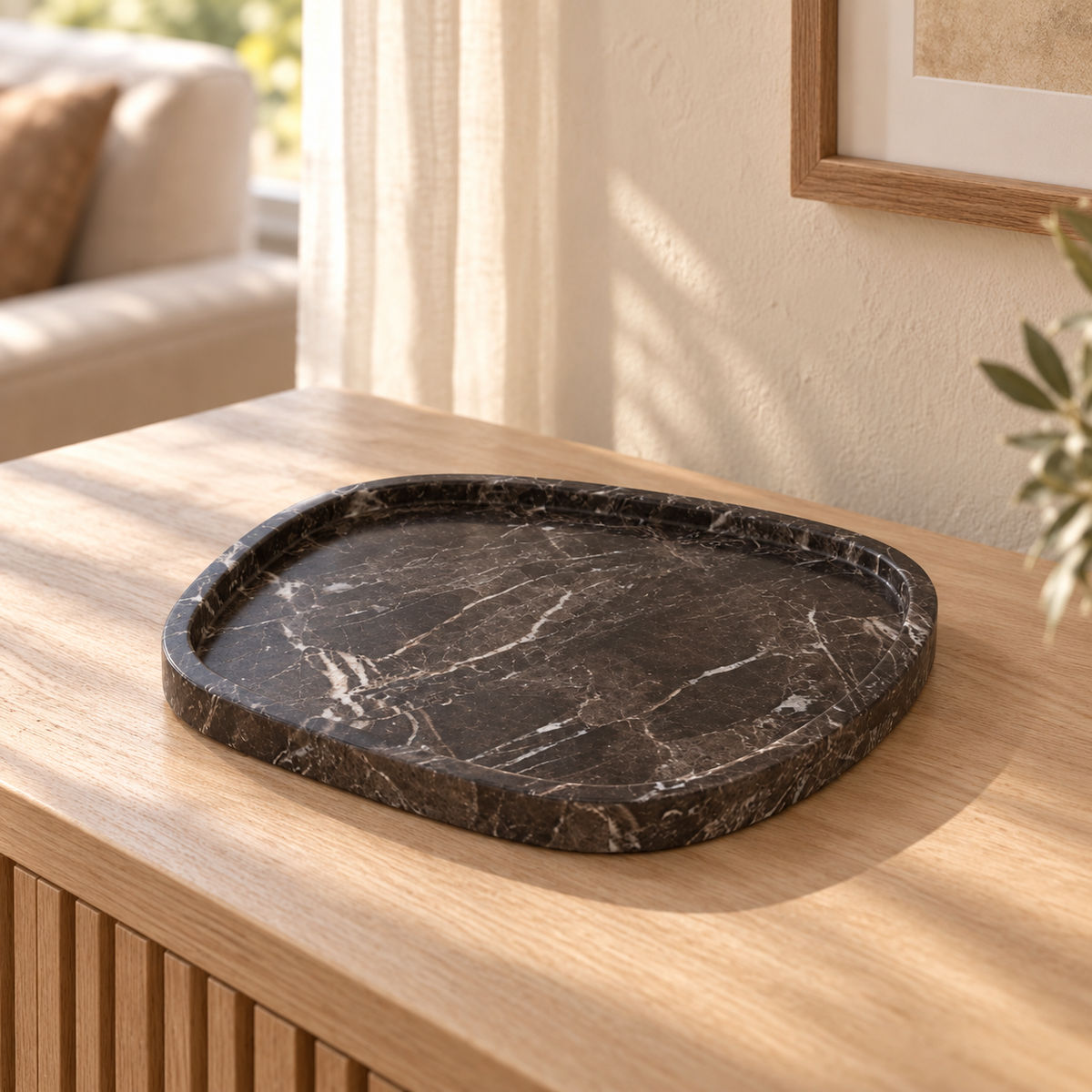 ZenPebble Decorative Tray in Spanish Emperador Marble in warm natural home light, one complete product