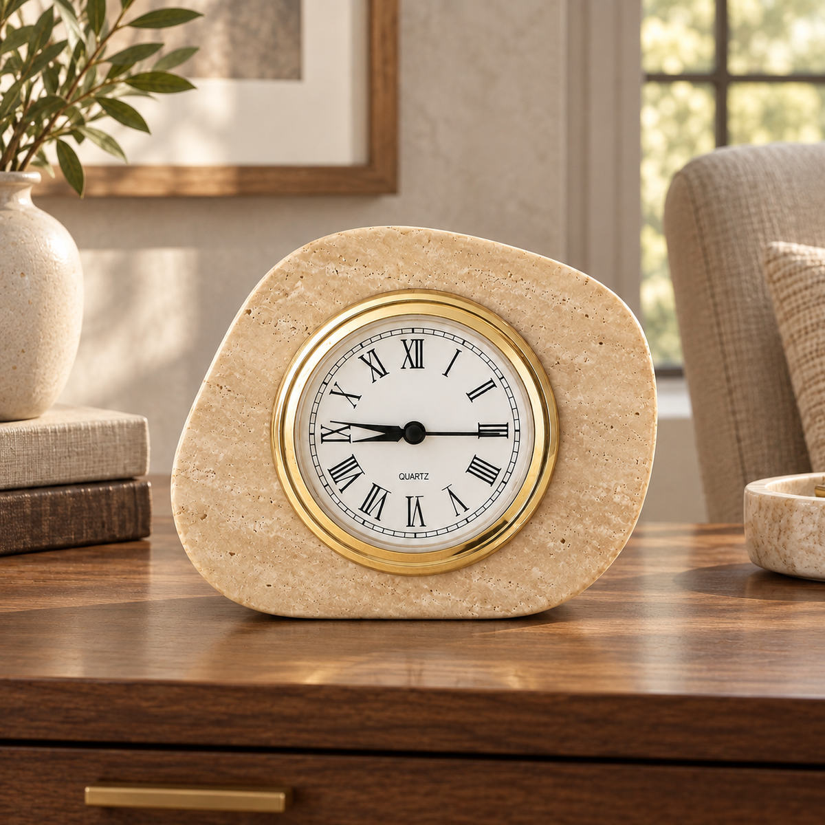 ZenPebble Marble Clock, Italian Classico Travertine, single configuration, front view in a warm naturally lit interior