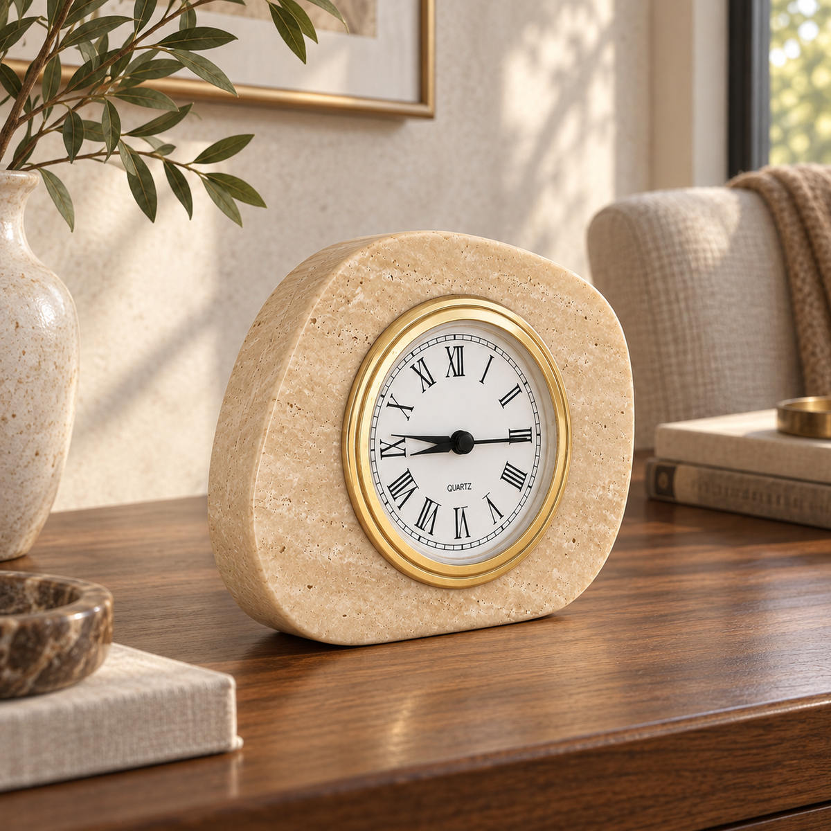 ZenPebble Marble Clock, Italian Classico Travertine, single configuration, left oblique view in a warm naturally lit interior