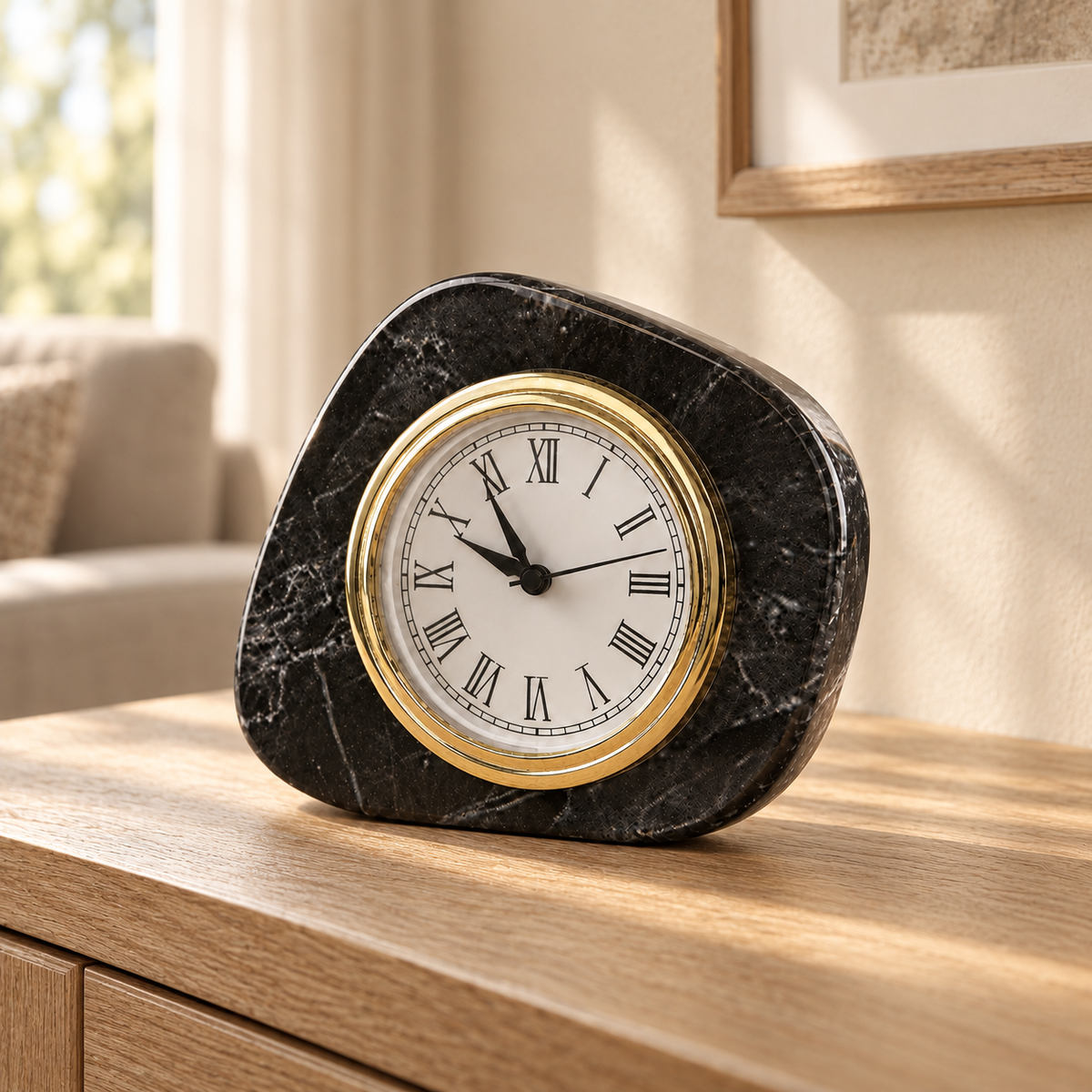 ZenPebble Marble Clock in Spanish Emperador Marble in warm natural home light, one complete product