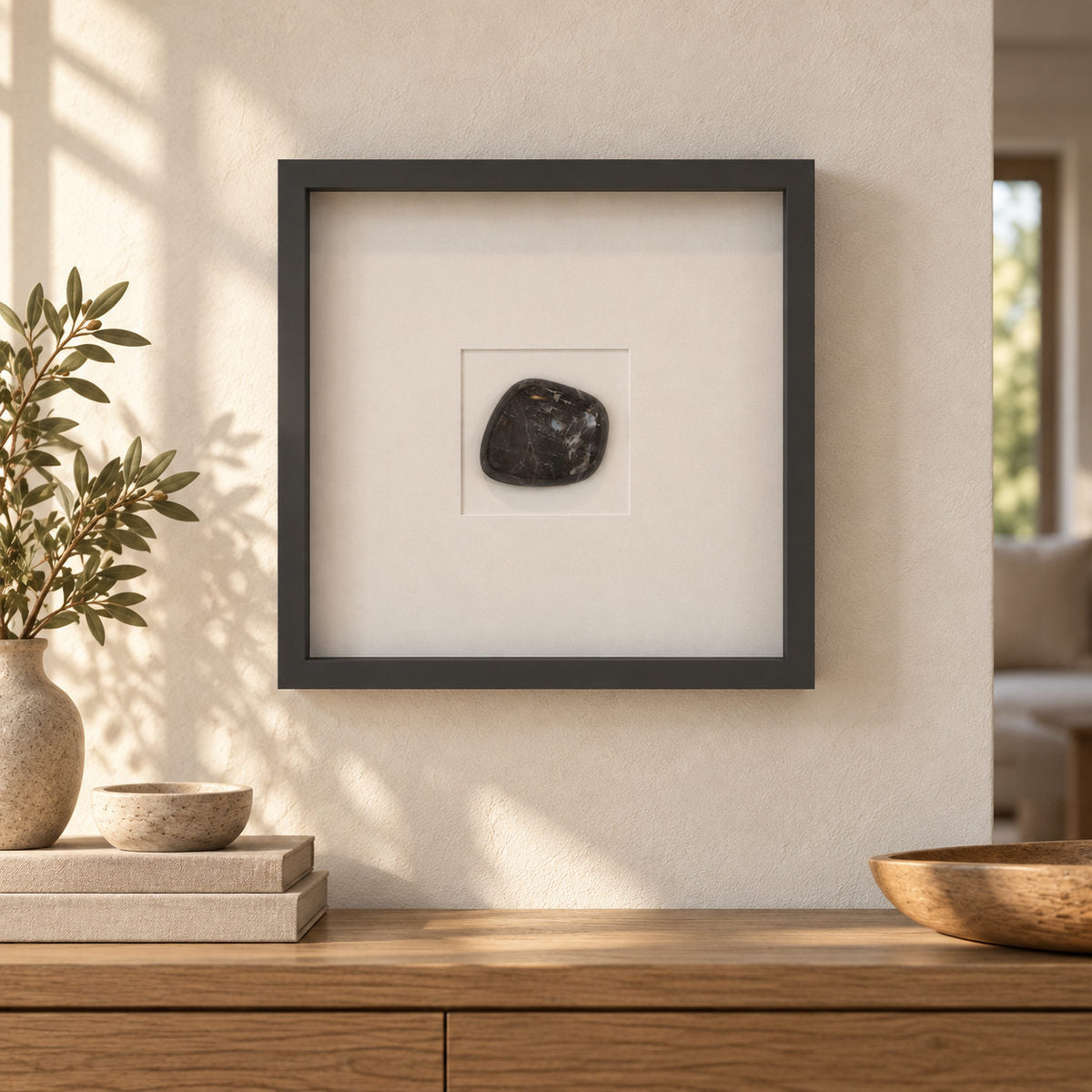 ZenPebble Wall Frame Decor, Spanish Emperador Marble, single configuration, front view in a warm naturally lit interior