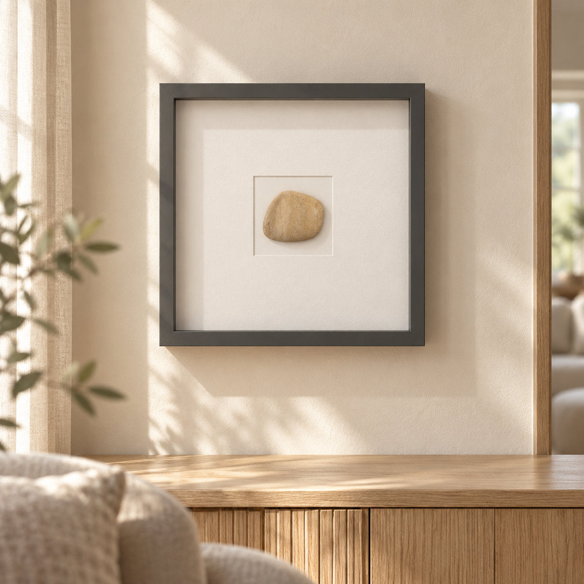 ZenPebble Wall Frame Decor in Italian Classico Travertine in warm natural home light, one complete product