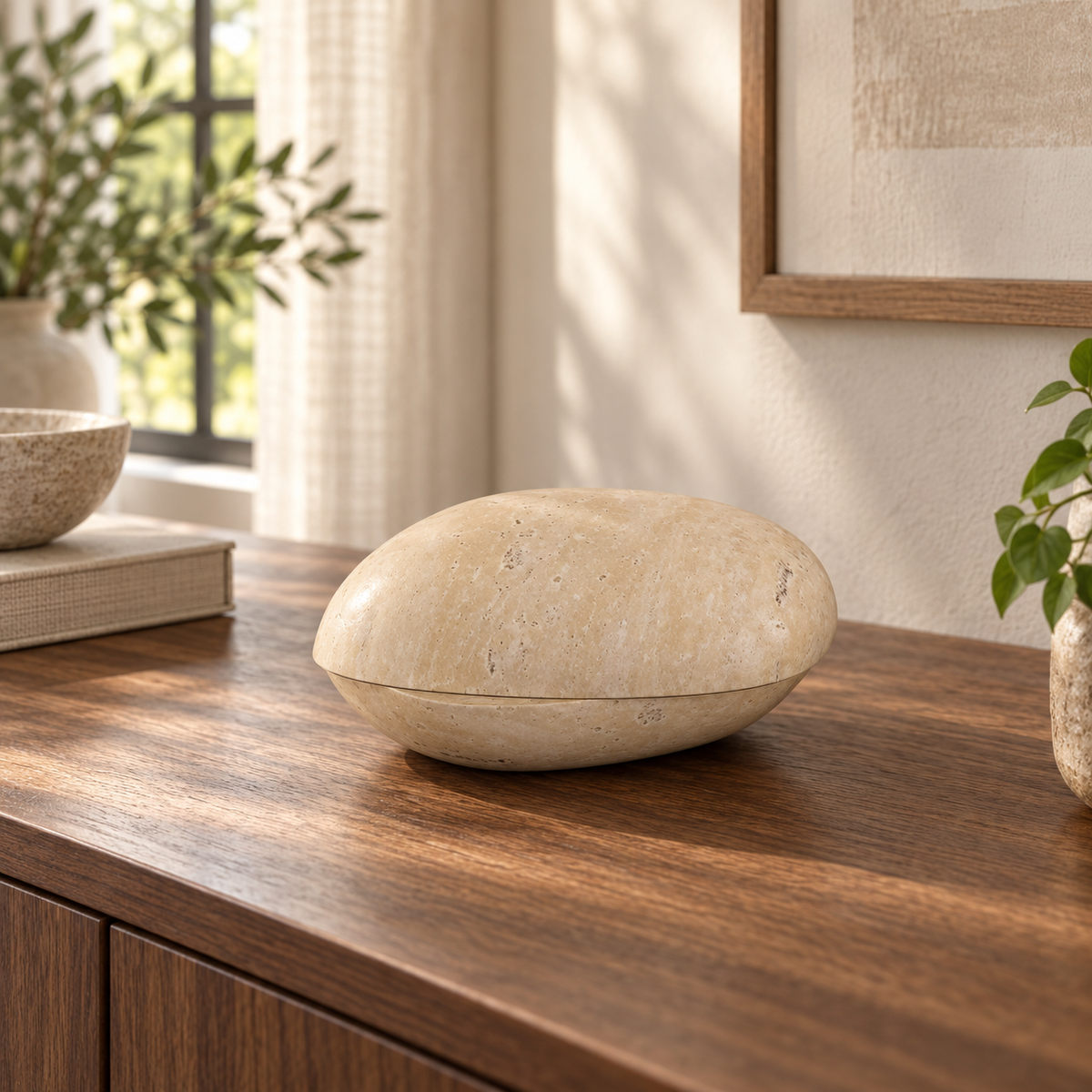 ZenPebble Marble Decor, Italian Classico Travertine, single configuration, front view in a warm naturally lit interior