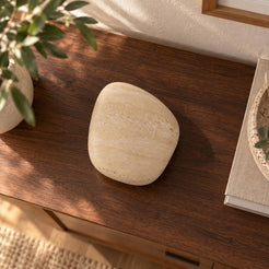 ZenPebble Marble Decor, Italian Classico Travertine, single configuration, high or overhead view in a warm naturally lit interior