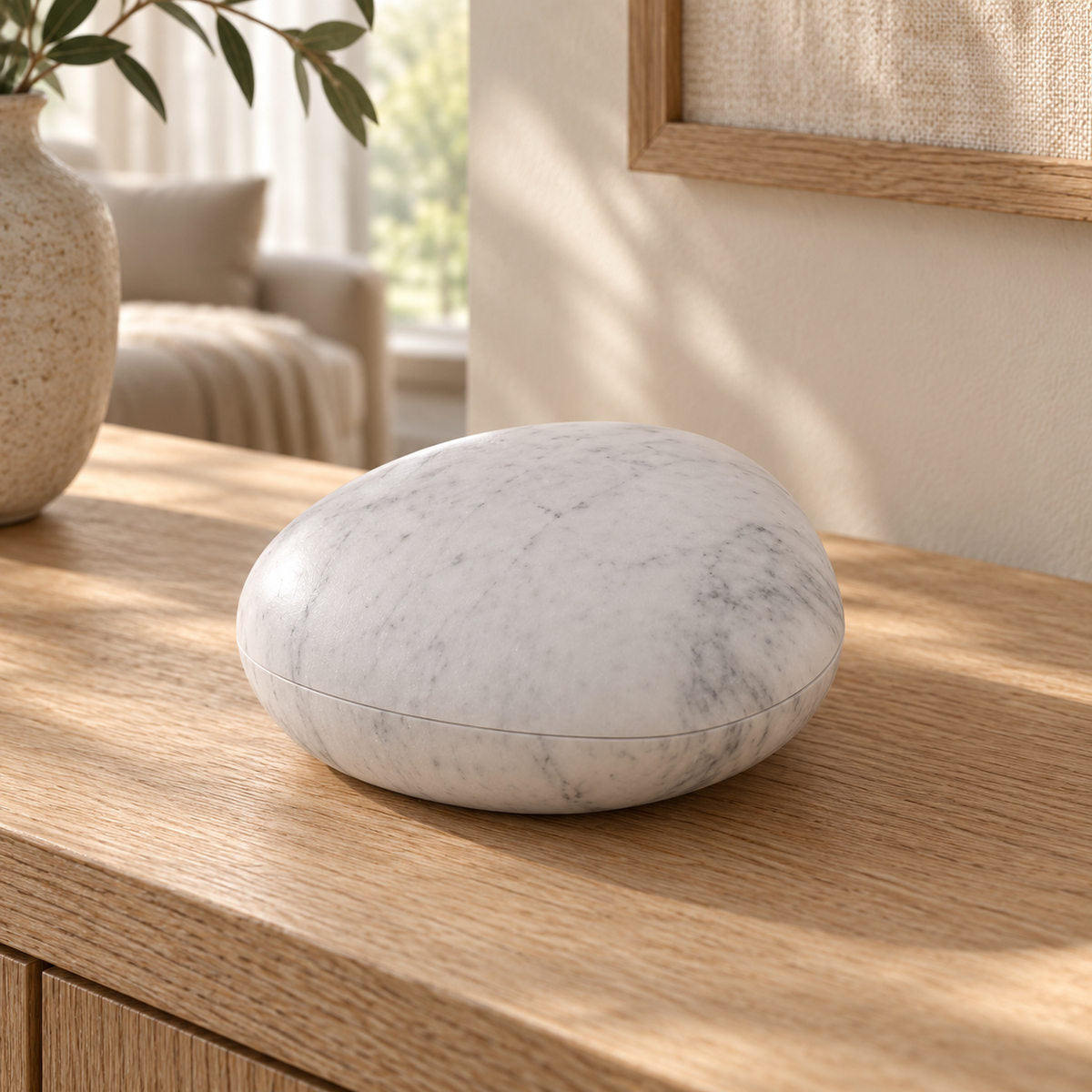 ZenPebble Marble Decor in Italian Carrara Marble in warm natural home light, one complete product
