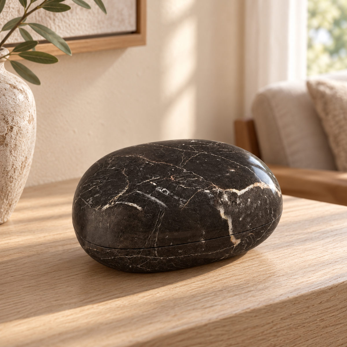 ZenPebble Marble Decor in Spanish Emperador Marble in warm natural home light, one complete product