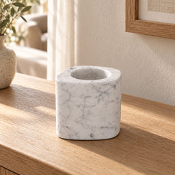 ZenPebble Candle Holders in Italian Carrara Marble Tall in warm natural home light, one complete product