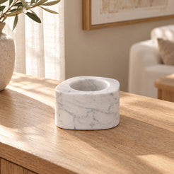 ZenPebble Candle Holders in Italian Carrara Marble Short in warm natural home light, one complete product