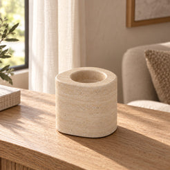 ZenPebble Candle Holders in Italian Classico Travertine Tall in warm natural home light, one complete product