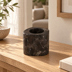 ZenPebble Candle Holders in Spanish Emperador Marble Tall in warm natural home light, one complete product