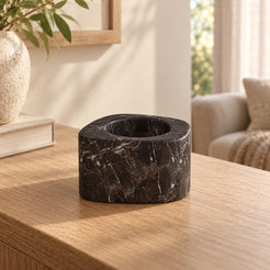 ZenPebble Candle Holders in Spanish Emperador Marble Short in warm natural home light, one complete product