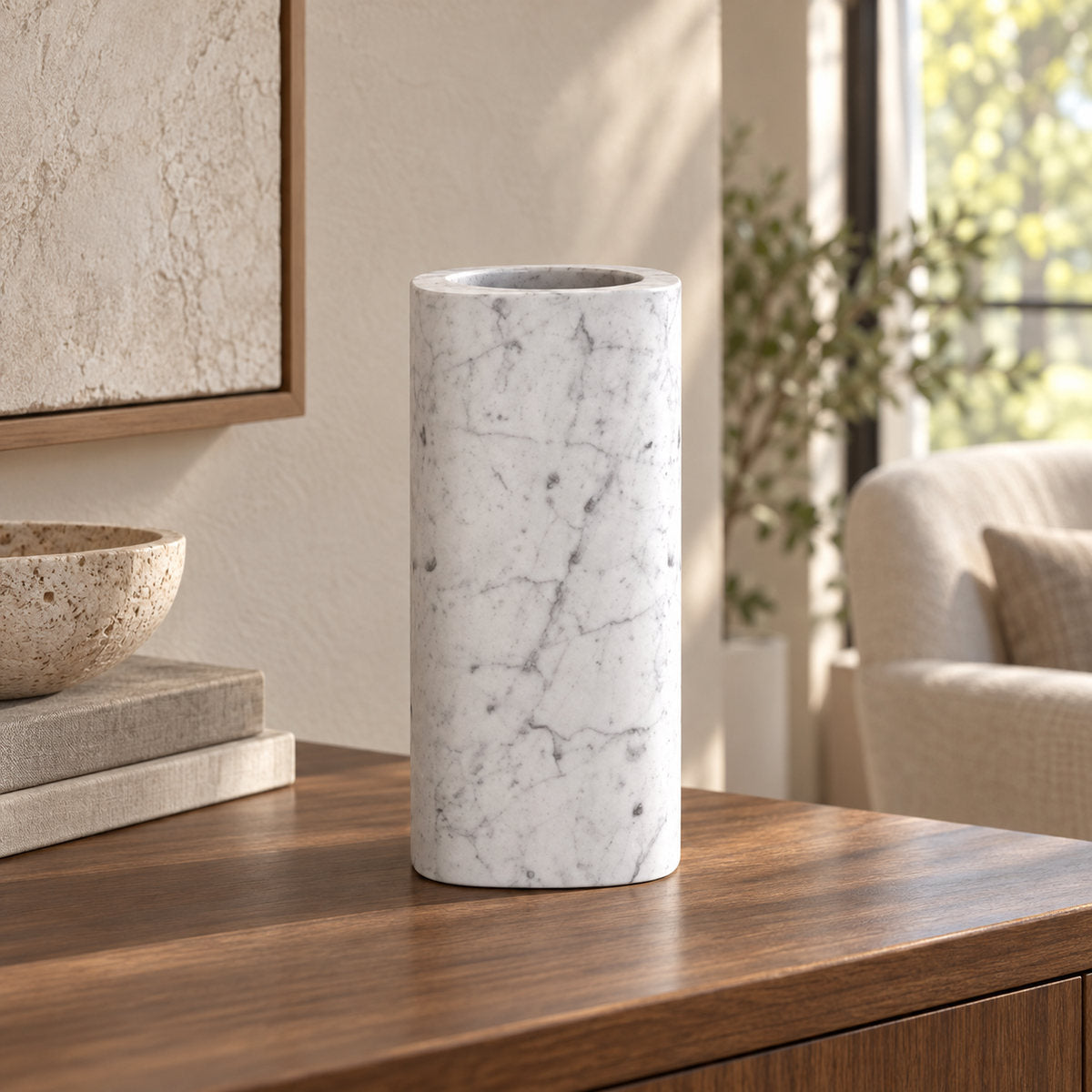 ZenPebble Decorative Vase, front three-quarter Hero view in warm natural home light