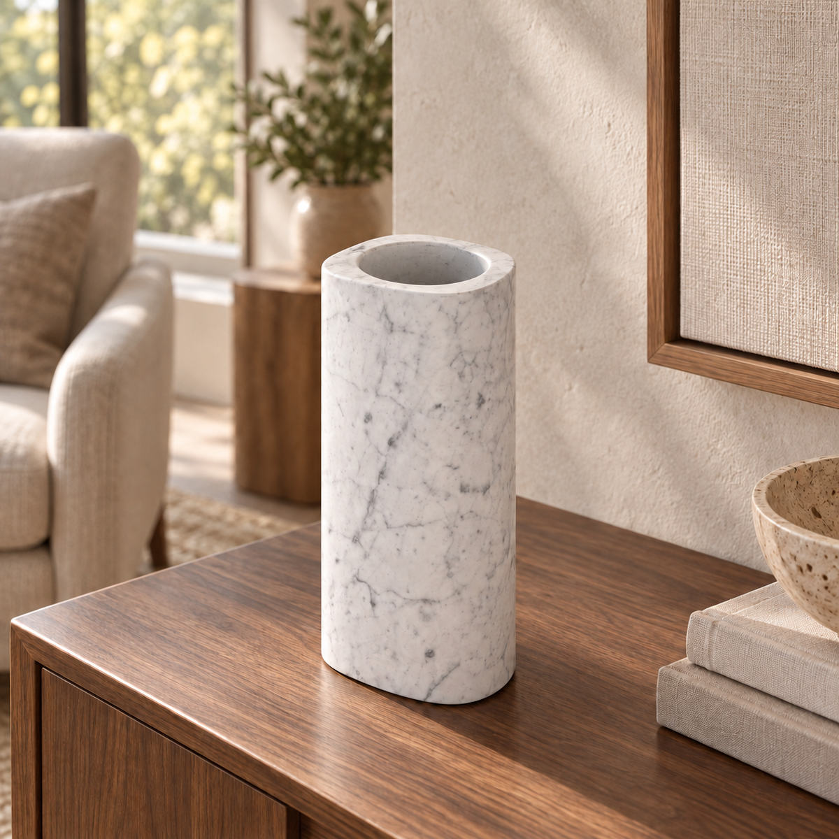 ZenPebble Decorative Vase, opposite three-quarter view in warm natural home light