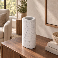 ZenPebble Decorative Vase, opposite three-quarter view in warm natural home light